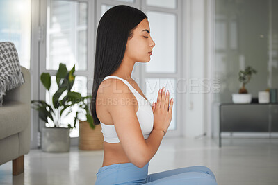 Buy stock photo Yoga, woman and prayer hands in profile for meditation, peace and wellness in home. Fitness person, zen or posture in living room for spiritual healing, positive mental health or calm to align chakra