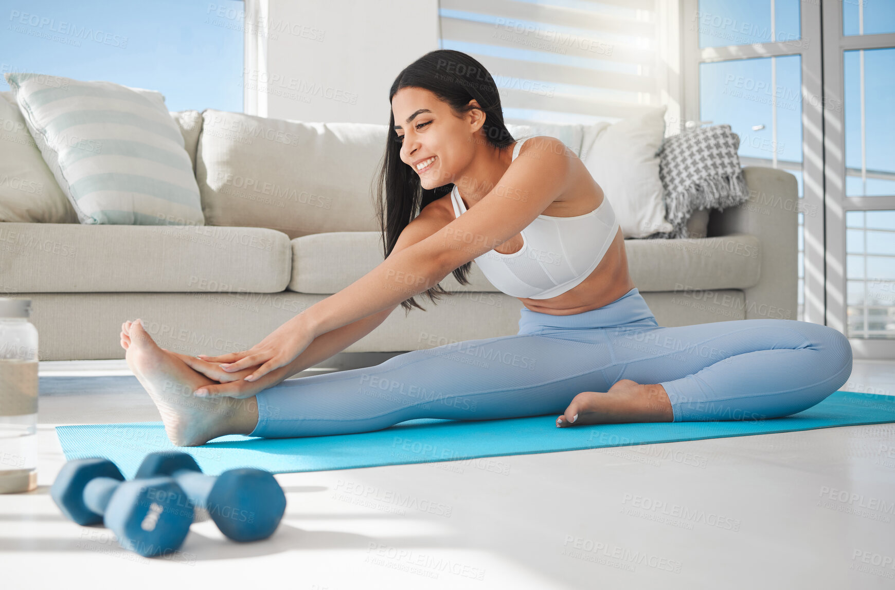 Buy stock photo House, stretching and woman with fitness, smile and exercise for flexibility, pilates and breathing. Healthy person, meditation and girl with yoga mat, workout routine and wellness in living room