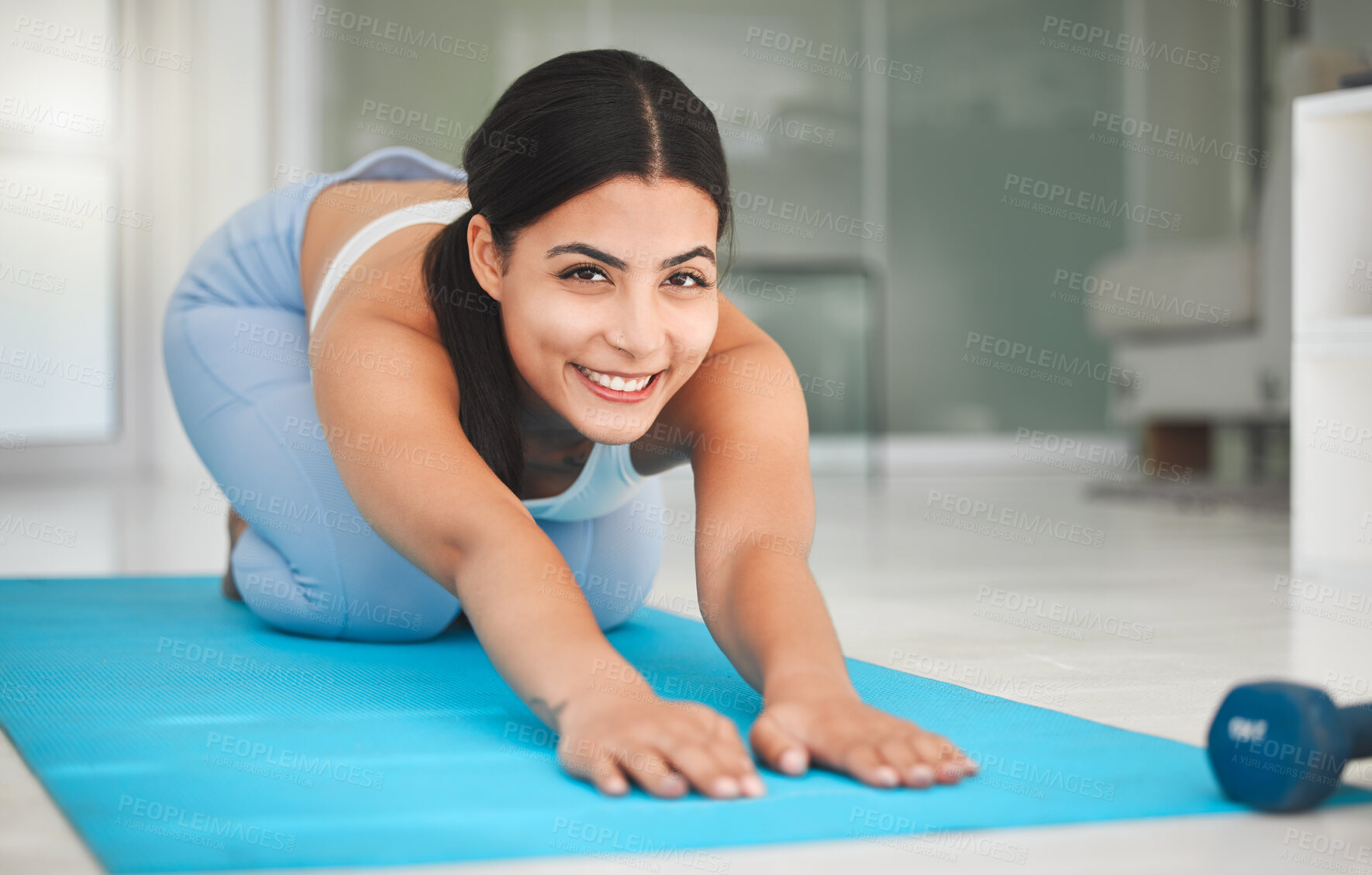 Buy stock photo Yoga, portrait and child pose with woman in living room for health, fitness and mindfulness workout. Wellness exercise, strong and warm up with person and home gym for pilates, calm and balance