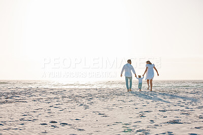 Buy stock photo Family, holding hands and walking on beach with mockup space for holiday weekend or vacation. Mother, father and child on a ocean walk together for fun bonding, travel or quality time in nature