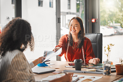 Buy stock photo Meeting, fashion designer and team with business people in office for visual merchandiser, campaign layout and consultant. Creative director, portfolio and planning with women for boutique startup