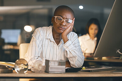 Buy stock photo Tired, sleeping and woman in night, employee and bored of assignment, deadline and overworked in office. Corporate, exhausted and fatigue in dark, burnout and person with glasses, overtime or project