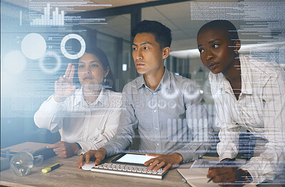 Buy stock photo Data, overlay and team of business people in office for problem solving system in future technology. Hologram, man and women working together in programming, code and online metrics at digital agency