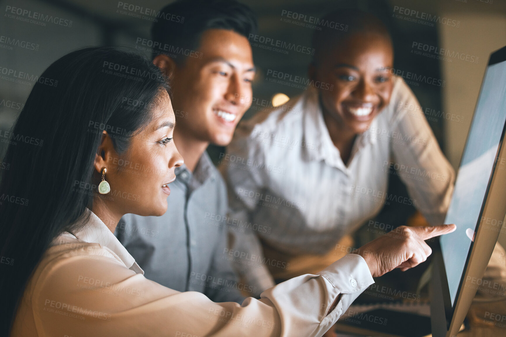 Buy stock photo Happy team, computer and business people brainstorming at night, discussion or problem solving. Group, deadline or meeting with technology for planning ideas, solution or creative campaign in startup