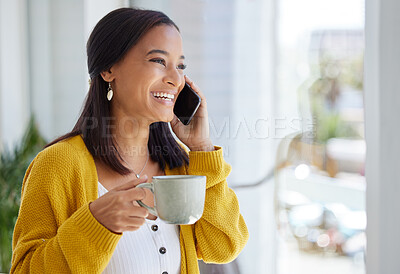 Buy stock photo Smile, woman and coffee with phone call at house for gossip discussion, catchup update and morning routine. Happy, female person and warm beverage with communication, listening to story and memory