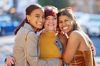 Buy stock photo Cropped portrait of three attractive young girlfriends out on the town