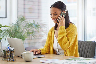 Buy stock photo Happy, business woman and laptop with phone call for discussion, conversation or design at office. Female person, designer or employee talking with smile on mobile smartphone for online chat or app