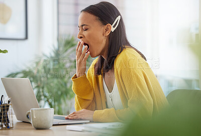 Buy stock photo Tired, business woman and laptop with yawn for burnout, fatigue or overworked at office desk. Female person, designer or exhausted employee with computer for deadline, sleepy or bored at workplace