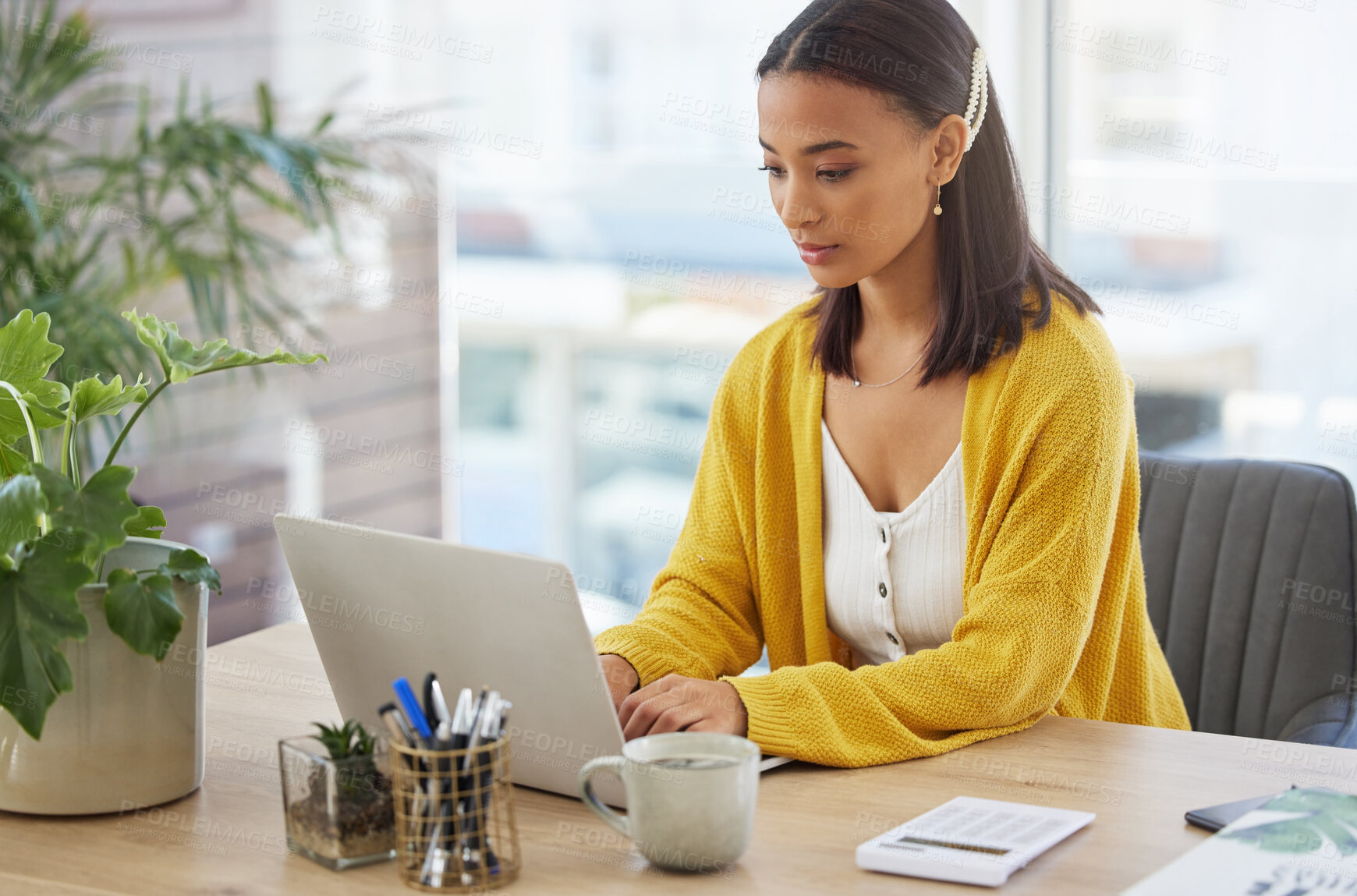 Buy stock photo Woman, typing and laptop of finance at house with budget planning, mortgage application and schedule. Female person, online banking and notes with payment reminder, funding information and investment