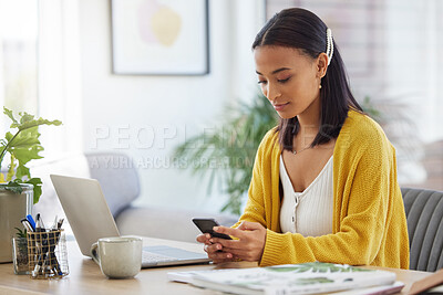 Buy stock photo Phone, contact and woman in home typing email for online university application information. Communication, education and female student with cellphone for virtual college admission form at apartment