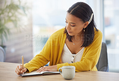 Buy stock photo Notebook, coffee and woman writing in home with study schedule, checklist or planning for exam. Education, reminder and female student with research for university test or assignment in house.