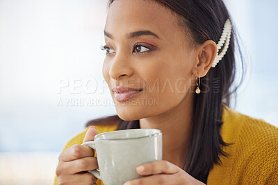 Buy stock photo Happy woman, thinking and break with coffee for morning, beverage or daydream at home. Female person, freelancer or journalist with smile in wonder or thought for caffeine or warm drink at house