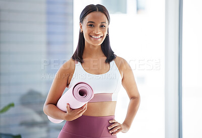 Buy stock photo Portrait, smile and yoga mat with woman in studio apartment for start of exercise class or holistic routine. Fitness, health and wellness with happy yogi person in home for pilates or vitality