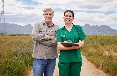 Buy stock photo Portrait of man and a veterinarian standing together on a poultry farm