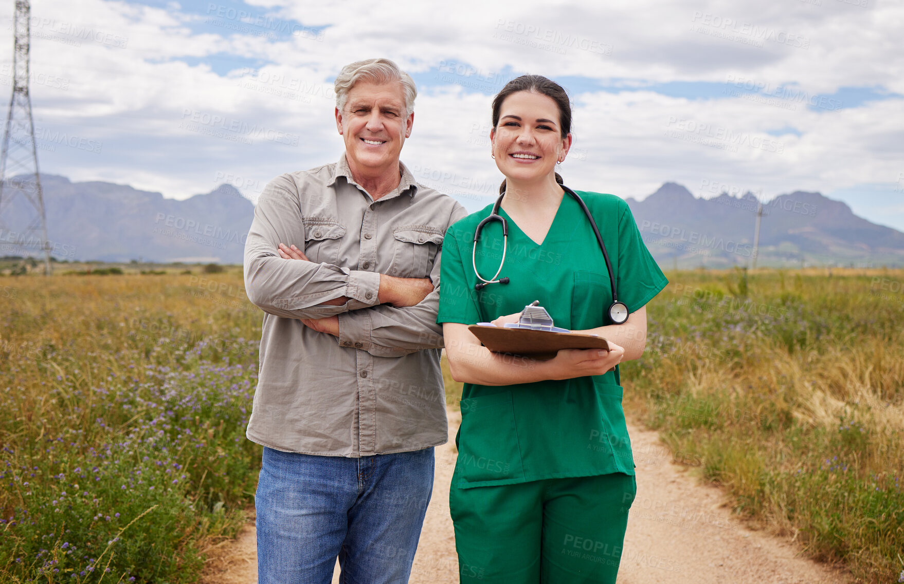 Buy stock photo Happy, man and veterinarian with portrait on farm for animal healthcare, poultry treatment and breeding management. Mature farmer, health doctor and smile together in countryside for field analysis