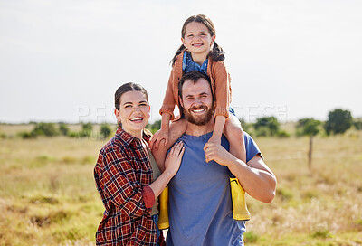 Buy stock photo Shot of a little girl on a farm with her parents