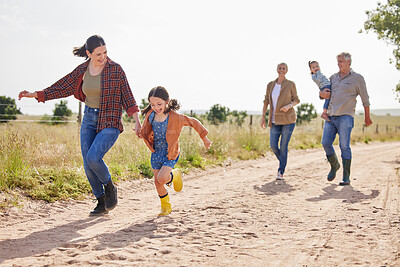 Buy stock photo Family, generations and mother with girl, farm and walking for countryside, holiday and happy together. Woman, grandparents and child or daughter for vacation, bonding and love in rural environment