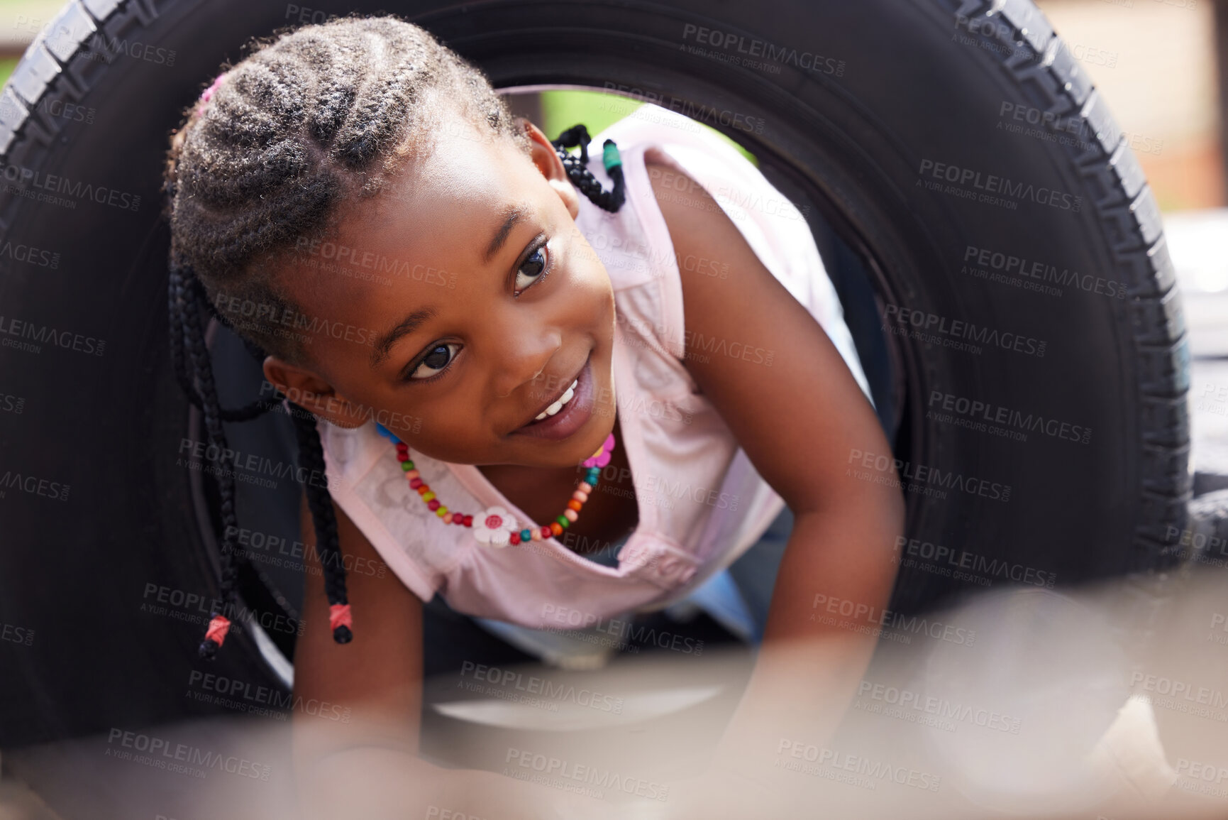 Buy stock photo Shot of an adorable little girl playing outside