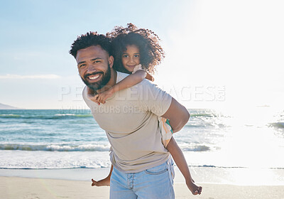 Buy stock photo Father, girl child and piggyback on beach with travel, smile in portrait with love and people on vacation in Mexico. Happy family, kid hug man with care outdoor, ocean and tourism with mockup space