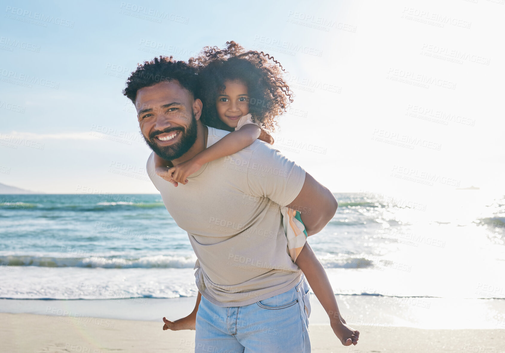 Buy stock photo Father, girl child and piggyback on beach with travel, smile in portrait with love and people on vacation in Mexico. Happy family, kid hug man with care outdoor, ocean and tourism with mockup space