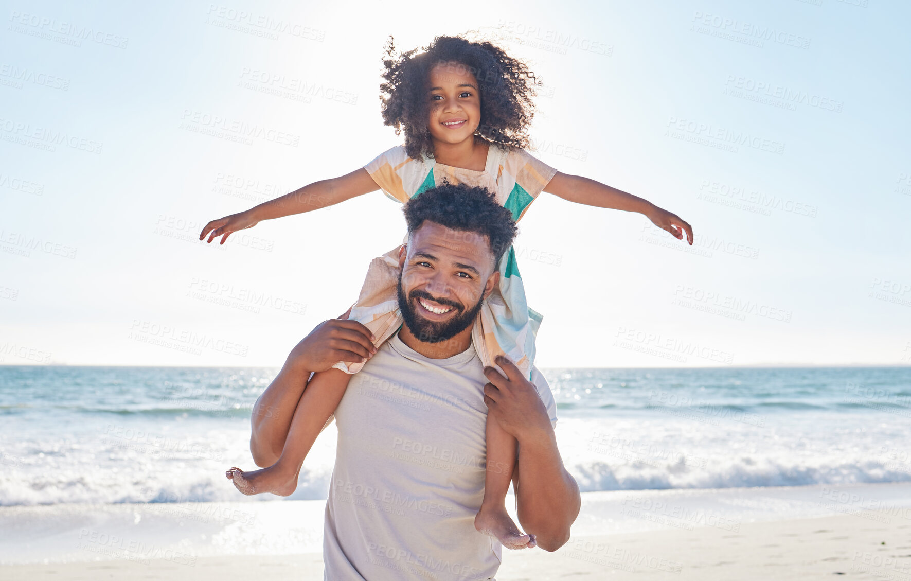 Buy stock photo Father, child and piggyback on the beach for summer vacation or holiday love or family and kid smile on a seaside  for quality bonding time. Happy, dad and kid relax on nature or travel adventure