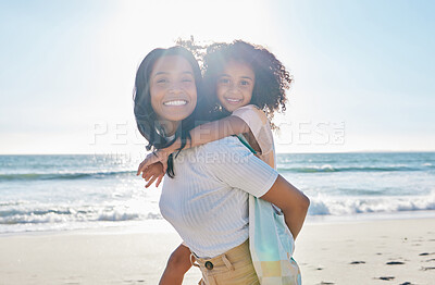 Buy stock photo Mother, girl child and piggyback on beach with travel, smile in portrait with love and people on vacation in Mexico. Happy family, kid hug woman with care outdoor, ocean and tourism with mockup space