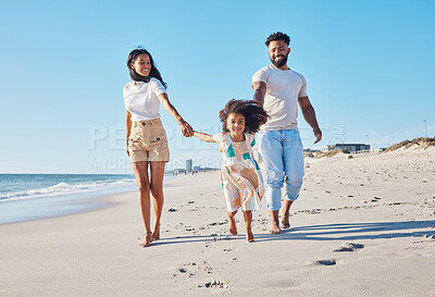 Buy stock photo Happy family, beach and parents walking with a child excited for the sea, ocean and vacation together in happiness. Travel, mother and father playing piggyback with a kid on a holiday in summer