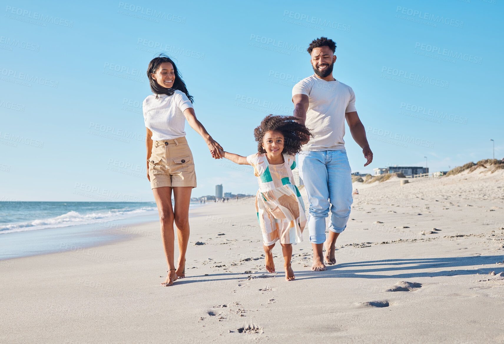 Buy stock photo Happy family, beach and parents walking with a child excited for the sea, ocean and vacation together in happiness. Travel, mother and father playing piggyback with a kid on a holiday in summer