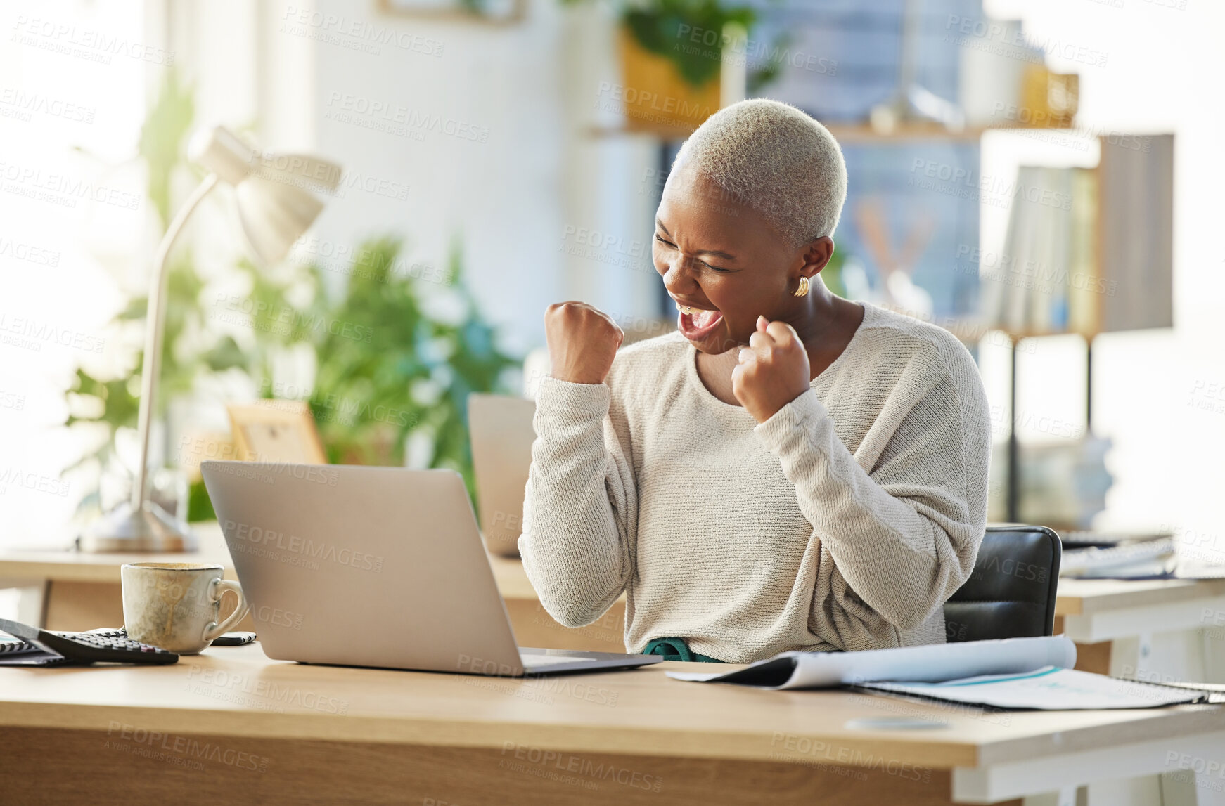 Buy stock photo Shot of a young businesswoman cheering in excitement at her desk