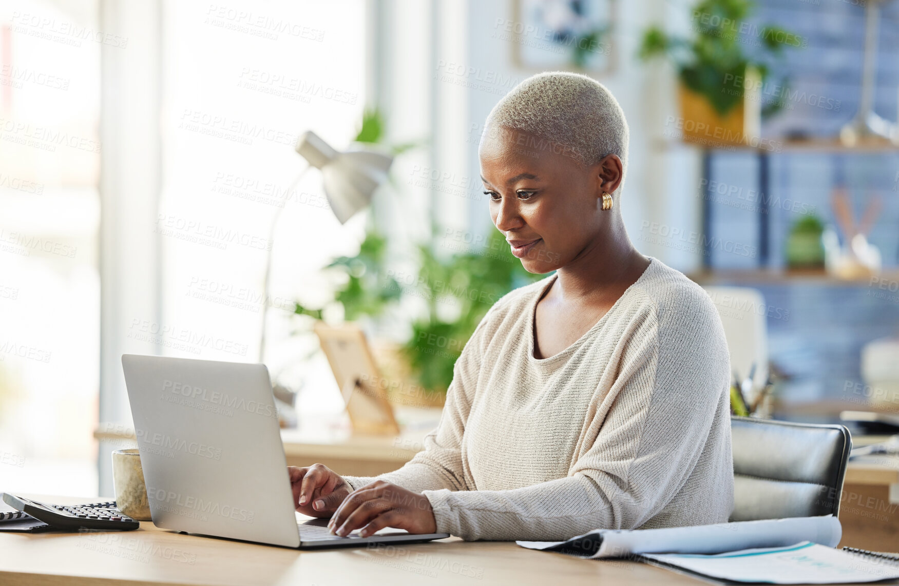 Buy stock photo Laptop, business and black woman typing, accountant and working on web project in office workplace. Auditor, computer and African female professional bookkeeper writing email, report or research.