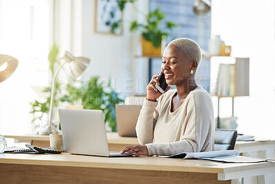 Buy stock photo Business, phone call and black woman in office, laptop and planning for startup, smile and talking. African person, mobile user and employee at desk, pc and cellphone for communication or digital app