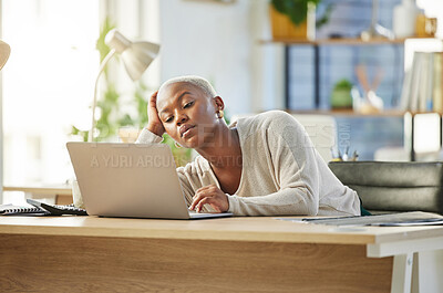 Buy stock photo Tired, business and black woman with laptop, stress and overworked with fatigue, bored and waiting. African person, consultant and employee with pc, exhausted and frustrated with pressure and fail