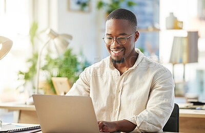 Buy stock photo Black business man, startup and typing with laptop, smile and happy with web design, planning or development. African developer, businessman or entrepreneur with computer for coding in modern office