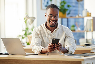 Buy stock photo African business man, texting and phone in office with smile, connection and meme on social media app. Happy black businessman, typing and smartphone for networking, contact and reading blog on web