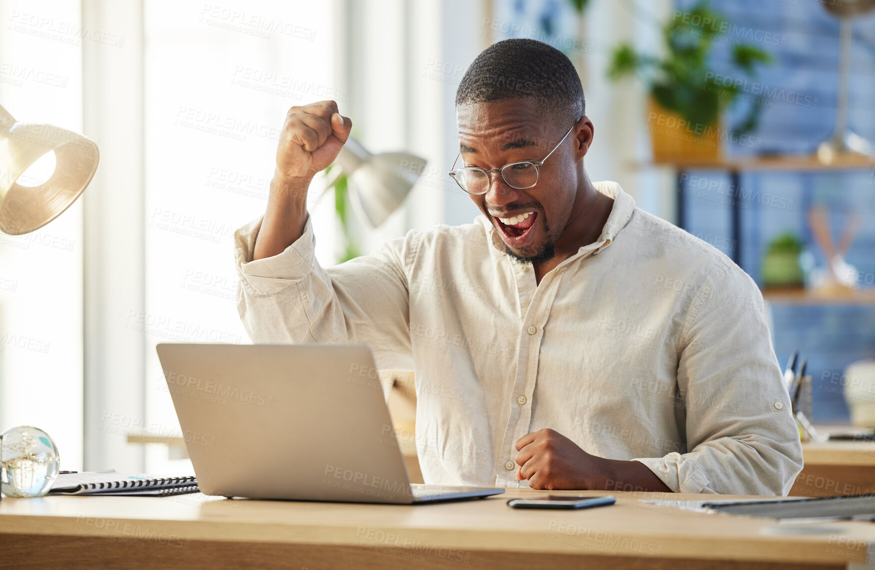 Buy stock photo Black business man, celebration and laptop with smile, winning or excited for profit, trading or promotion. African businessman, winner and celebrate by computer, gambling or esports in modern office