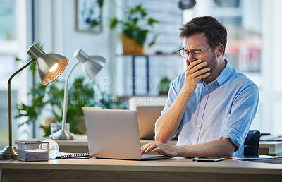 Buy stock photo Man, laptop and tired yawn in office, accountant and brain fog burnout for typing budget report. Exhausted, boring task and professional fatigue in workplace, low energy and online for financial tax