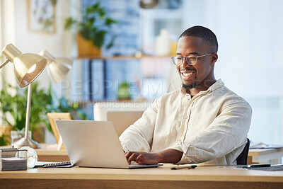 Buy stock photo Laptop, business and black man typing, writer and working on web project in office workplace. Smile, computer and African male professional, copywriter and writing email, report or research proposal.