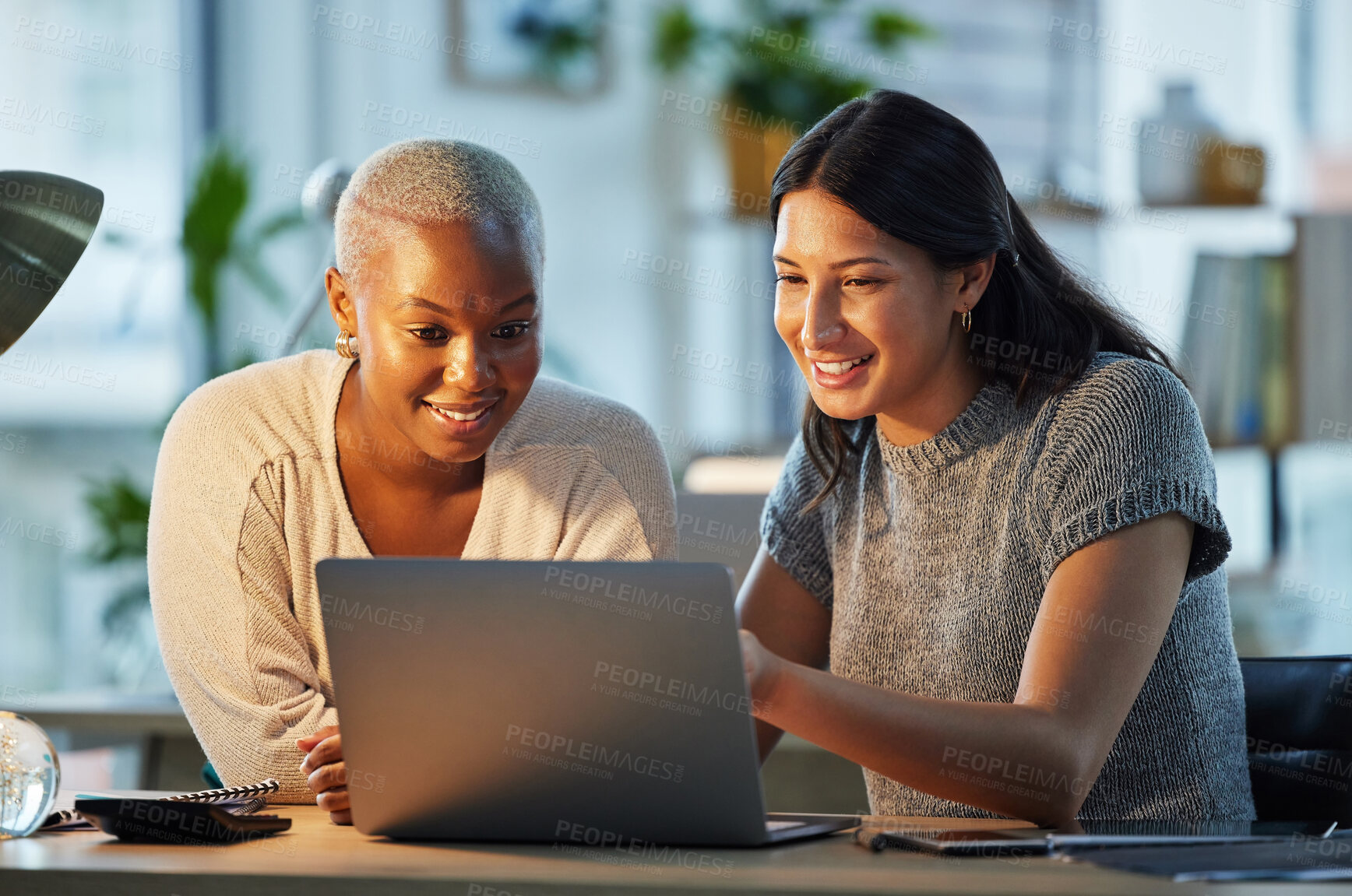 Buy stock photo Laptop, teaching or manager coaching a black woman for advice, leadership or research at night in office. Learn, smile or boss helping, training or speaking of digital or online business to employee