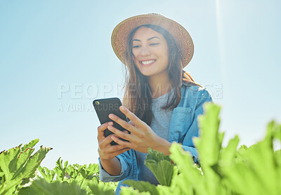 Buy stock photo Outdoor, woman and farming with smartphone for agriculture, vegetable research and smile by mockup. Nature, female person and farmer with mobile for plants application, harvesting tips or sustainable