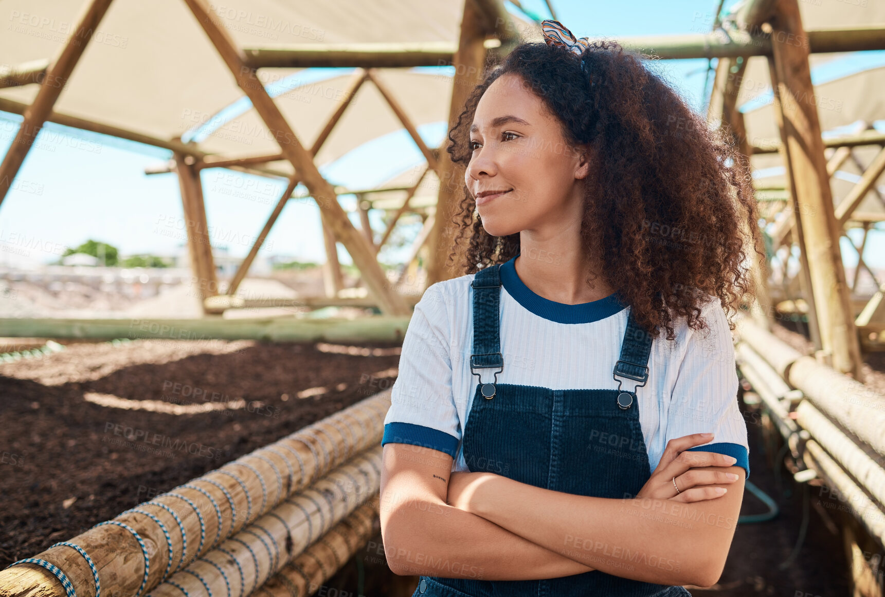 Buy stock photo Thinking, crossed arms and woman on farm in nature for growth, sustainability and harvest. Agriculture, professional and confident farmer with ideas for agro business, environment and food production