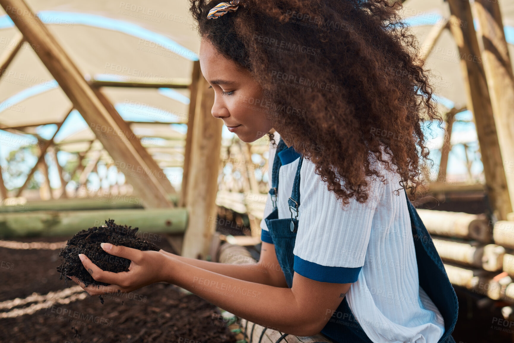 Buy stock photo Shot of a young woman holding soil in her hands while working on a farm