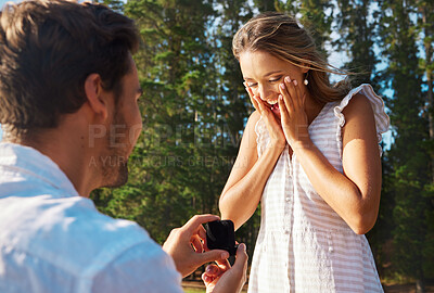Buy stock photo Man, woman and engagement proposal by woods on vacation with surprise, wow or happiness in sunshine. Couple, marriage offer and ring in nature for romance, love and happy on summer holiday by forrest