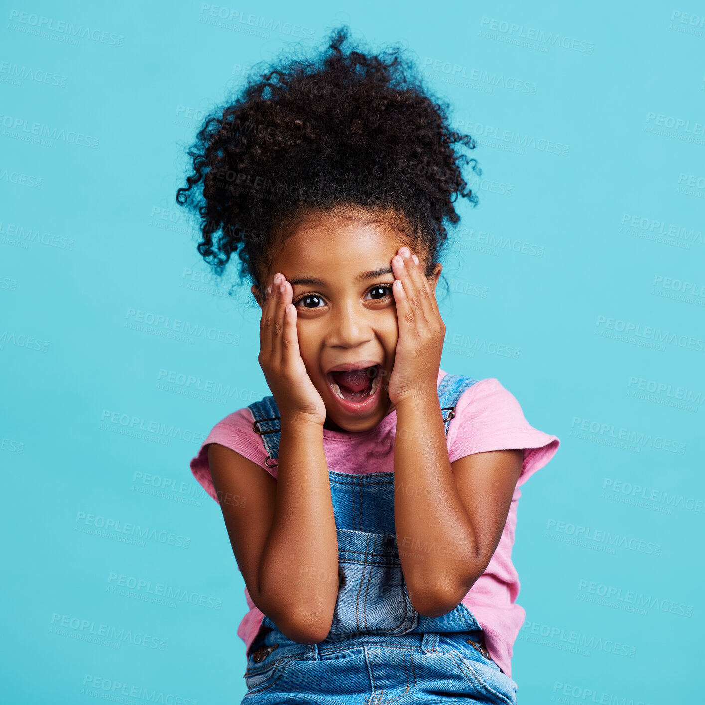 Buy stock photo Wow, expression and portrait of a child with shock isolated on a blue background in a studio. Happy, cute and face of a little girl with surprise, good news reaction and amazement on a backdrop