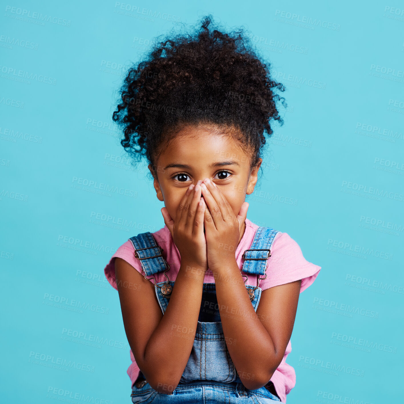 Buy stock photo Children, portrait and wow with a girl on a blue background in studio looking surprised or in shock. Face, hands and gossip with a cute little female child reacting to good news or an announcement