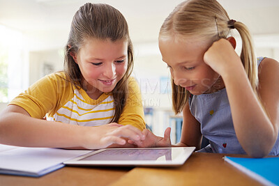 Buy stock photo Tablet, kindergarten and girls in classroom for elearning, education and online knowledge. Friends, technology and happiness of kids or students with touchscreen in preschool for studying together.
