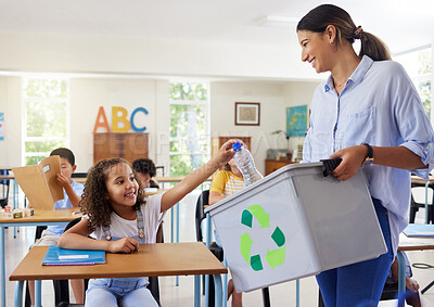 Buy stock photo Teacher, recycle bin and girl in classroom throwing trash for cleaning, climate change or eco friendly in school. Recycling plastic, learning and education with happy student or kid in kindergarten.