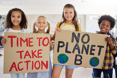 Buy stock photo Children, portrait and poster with friends in protest in a classroom holding signs for eco friendly activism. Kids, green and sign with a child group standing together for community or ecology