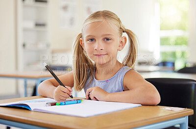 Buy stock photo Education, drawing and portrait of girl in classroom learning, exam or studying with book. Preschool, development or confident kid or student from Canada with creative art in notebook in kindergarten