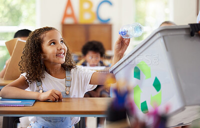 Buy stock photo Learning, recycle bin and girl in classroom throwing trash for cleaning, climate change or eco friendly in school. Recycling plastic, smile and education with happy student or kid in kindergarten.