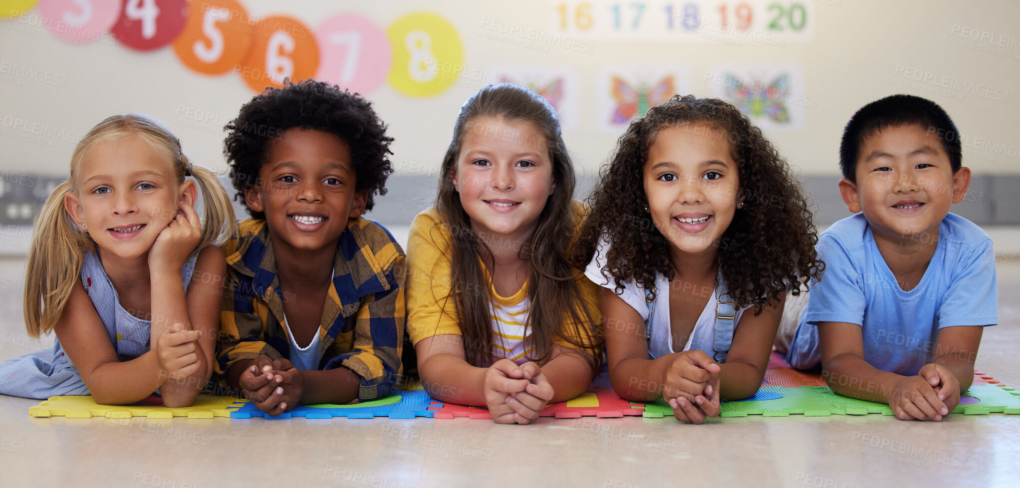 Buy stock photo Education, portrait or happy kids in classroom learning or studying in preschool together with support. Children development, diversity or students with growth mindset for knowledge in kindergarten 